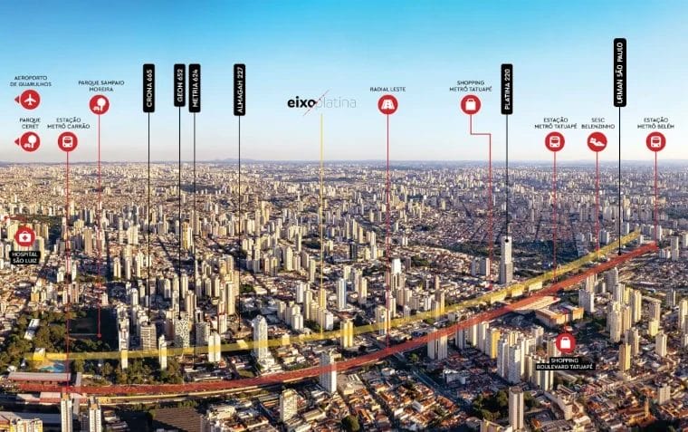 Mapa Ilustrado Do Eixo Platina No Tatuapé Com Estações De Metrô, Empreendimentos Da Porte Engenharia E Pontos Estratégicos Da Zona Leste