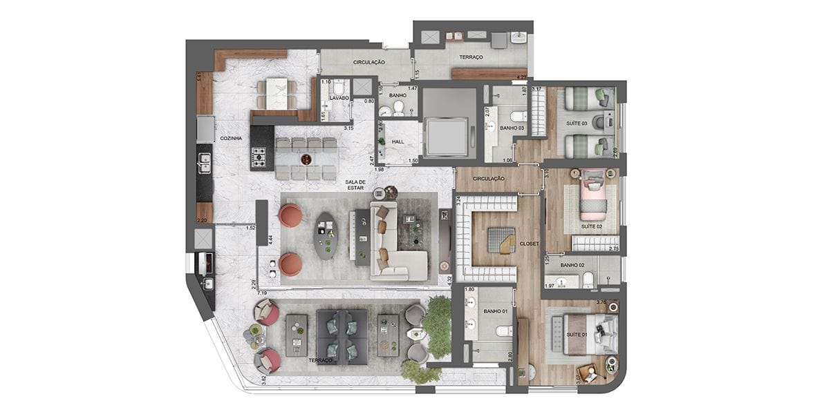 Planta Das Unidades De 196 M² - 3 Suítes