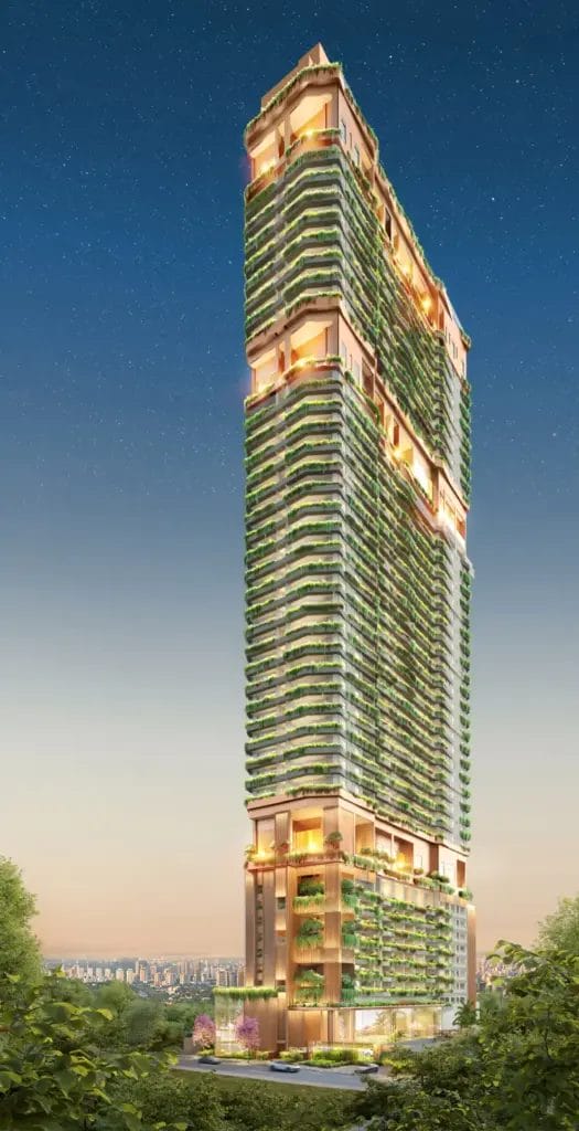 Fachada Do On The Sky Bela Cintra À Noite, Torre Com Vegetação Suspensa E Vista Para São Paulo