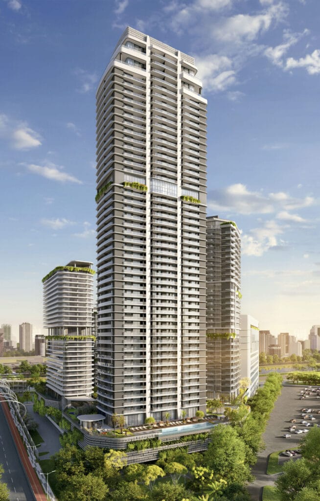 Imagem Da Fachada Do Pg Residences Com Arquitetura Moderna, Linhas Retas E Elementos Verdes