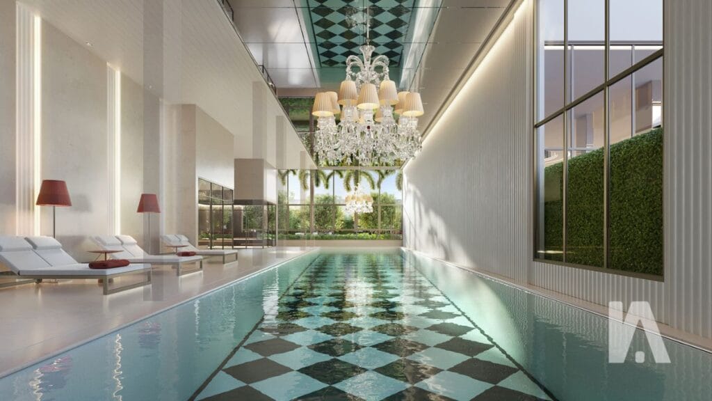 Piscina Coberta Luxuosa Do Le Six Paraíso, Com Design Elegante E Iluminação Sofisticada.