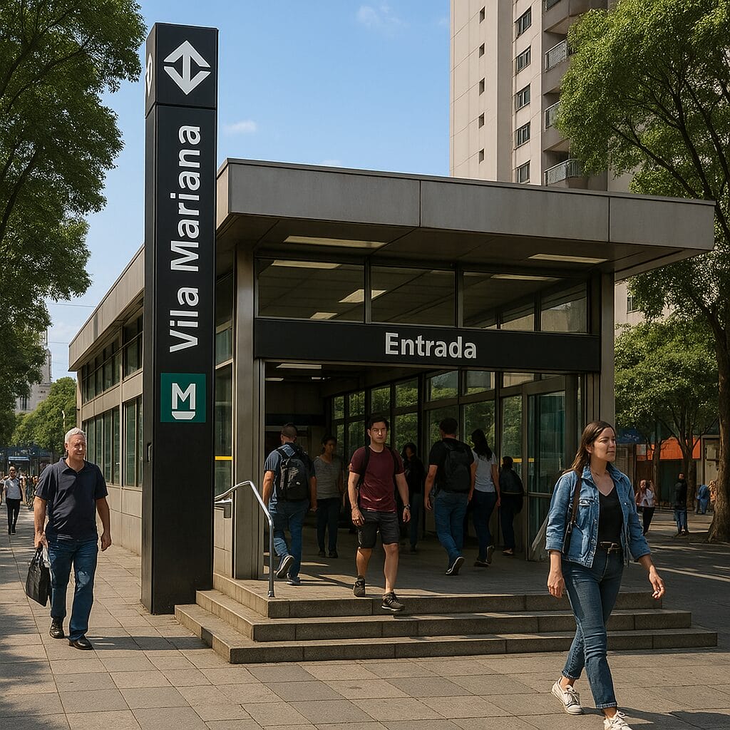 Entrada Da Estação Vila Mariana Com Fluxo De Passageiros, Destacando A Arquitetura Moderna E A Sinalização Do Metrô De São Paulo