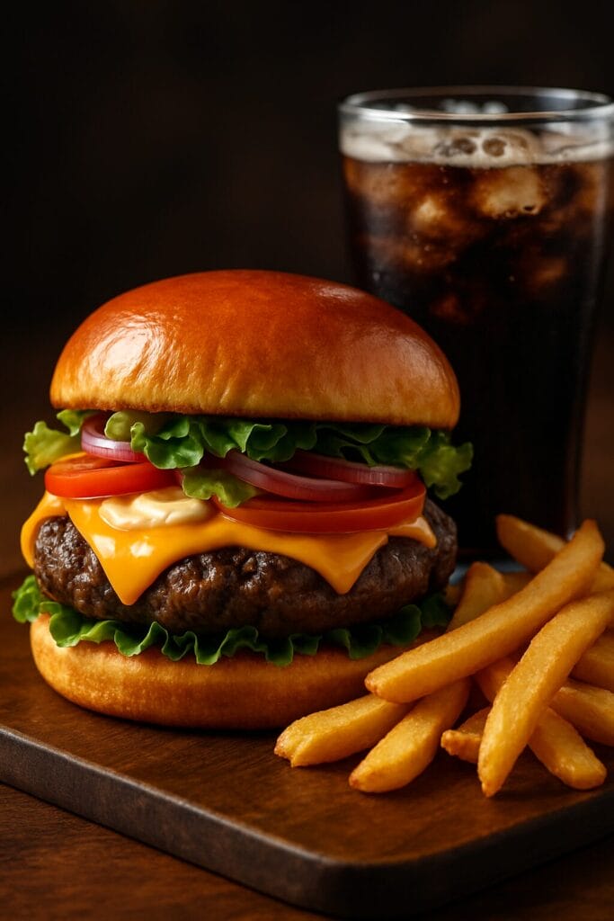 Hambúrguer Suculento Com Cheddar, Bacon Crocante, Batatas Fritas Douradas E Refrigerante Gelado Em Ambiente Escuro