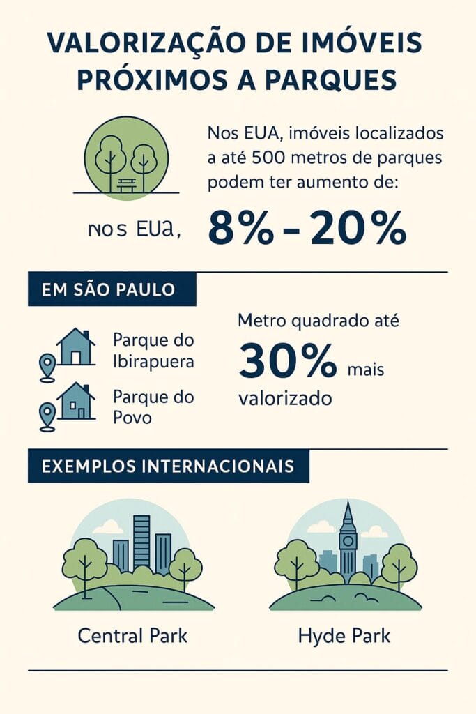 Infográfico Com Dados Sobre Valorização De Imóveis Próximos A Parques Em São Paulo, Eua, Londres E Nova York