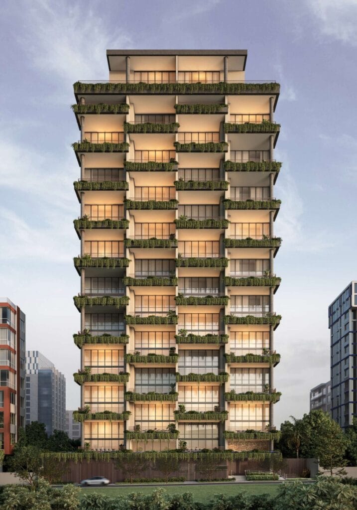 Fachada Do Nuv Moema Da Planik Com Torre Única, Arquitetura Moderna E Vegetação Integrada