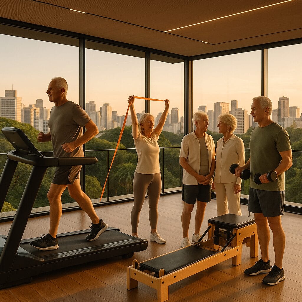Grupo De Idosos Entre 60 E 75 Anos Se Exercitando Em Uma Academia De Alto Padrão Com Vista Para O Skyline De São Paulo. Um Homem Corre Na Esteira, Uma Mulher Utiliza Faixa Elástica, Outro Casal Conversa, E Um Idoso Levanta Halteres, Representando Saúde, Autonomia E Bem-Estar Urbano.